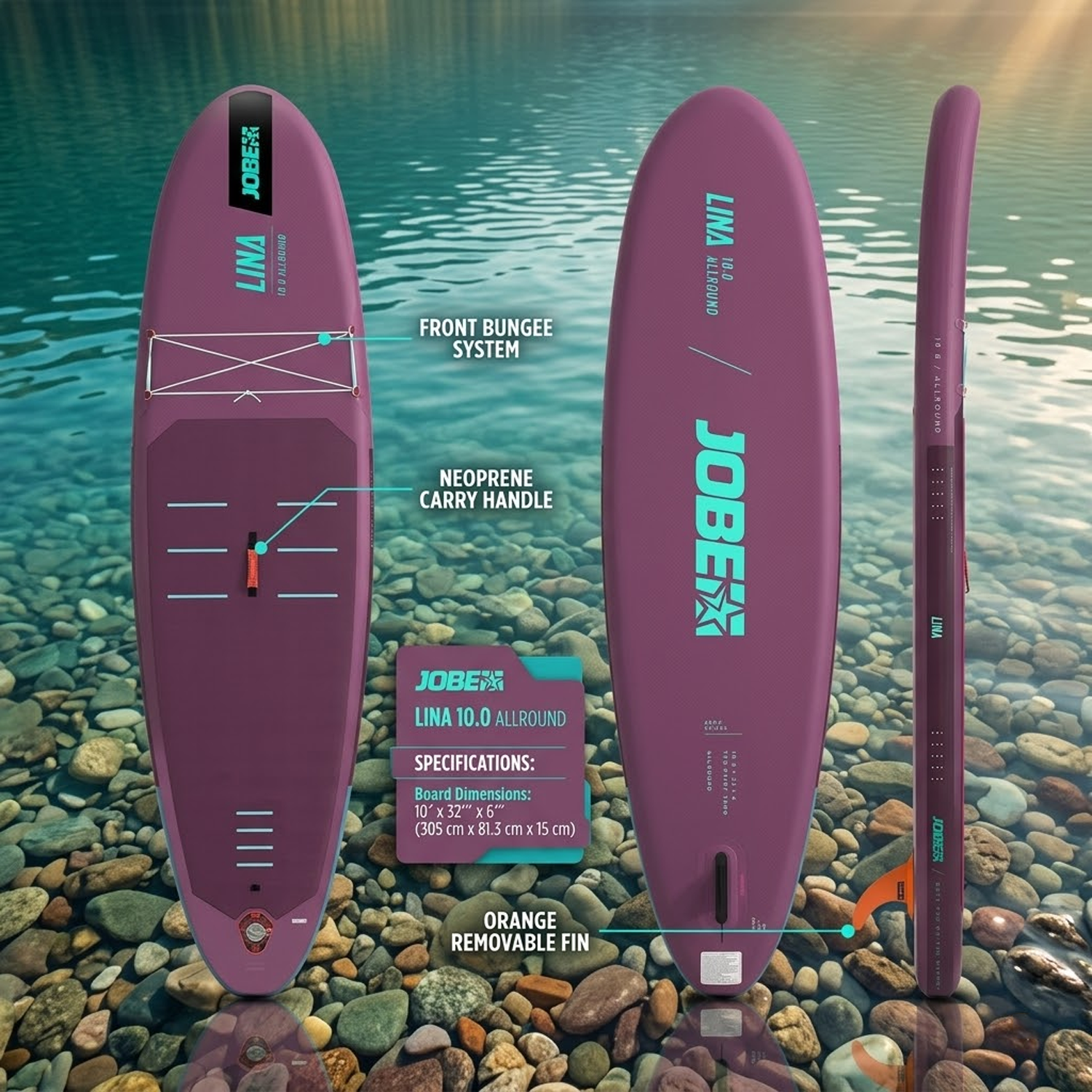 Diagram highlighting dimensions, neoprene carry handle, and bungee system of purple paddle board