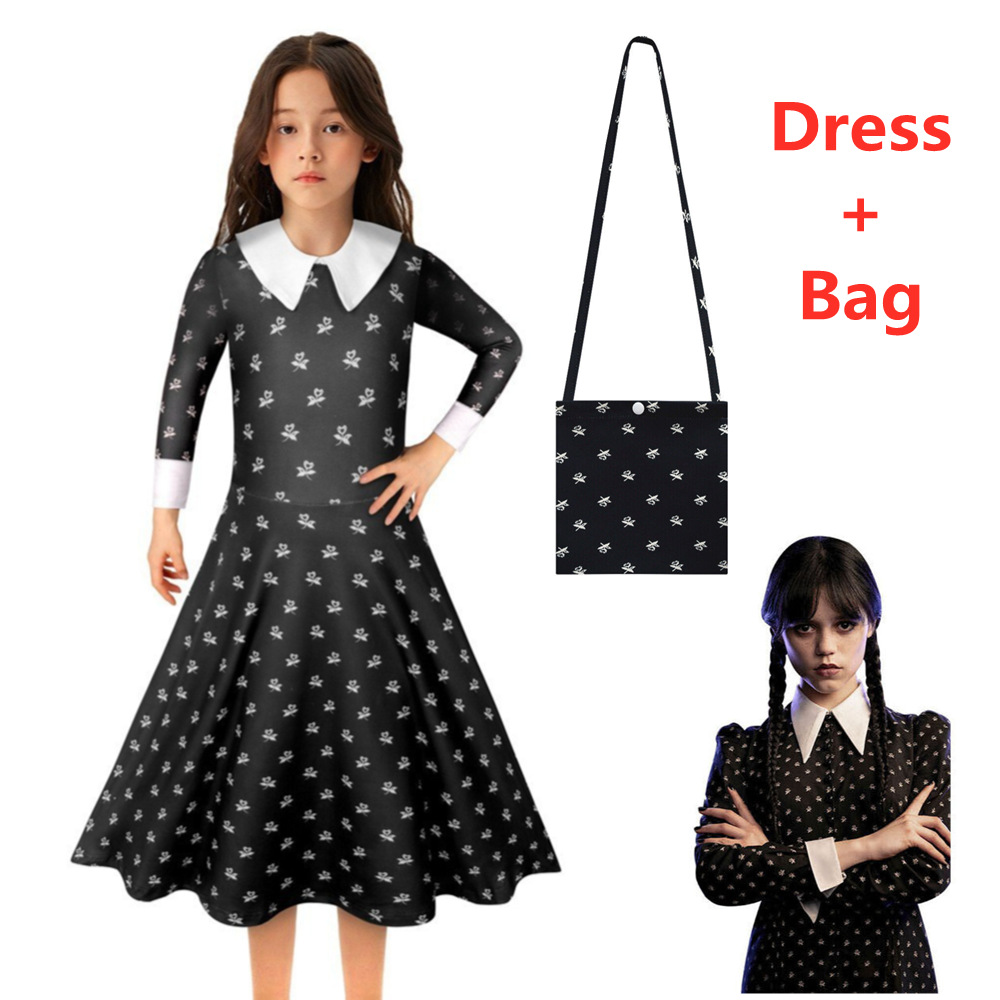 Wednesday Addams Costume UK - Girls Kids Fancy Dress Wig Bag Party Outfit