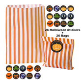Halloween Orange Striped Bag - 26 Happy Halloween Orange Striped Bags & 26 Stickers for Trick Or Treat Party