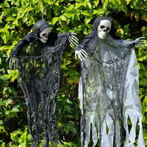Halloween Decorations With Skeletons - 2x Chain SKELETON Horror Haunted Pirate Hanging Skull Decoration Prop