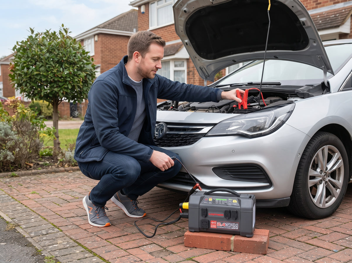 driver attaching smart jumper clamps to car battery on a driveway with 5-in-1 jump starter pack on the ground.