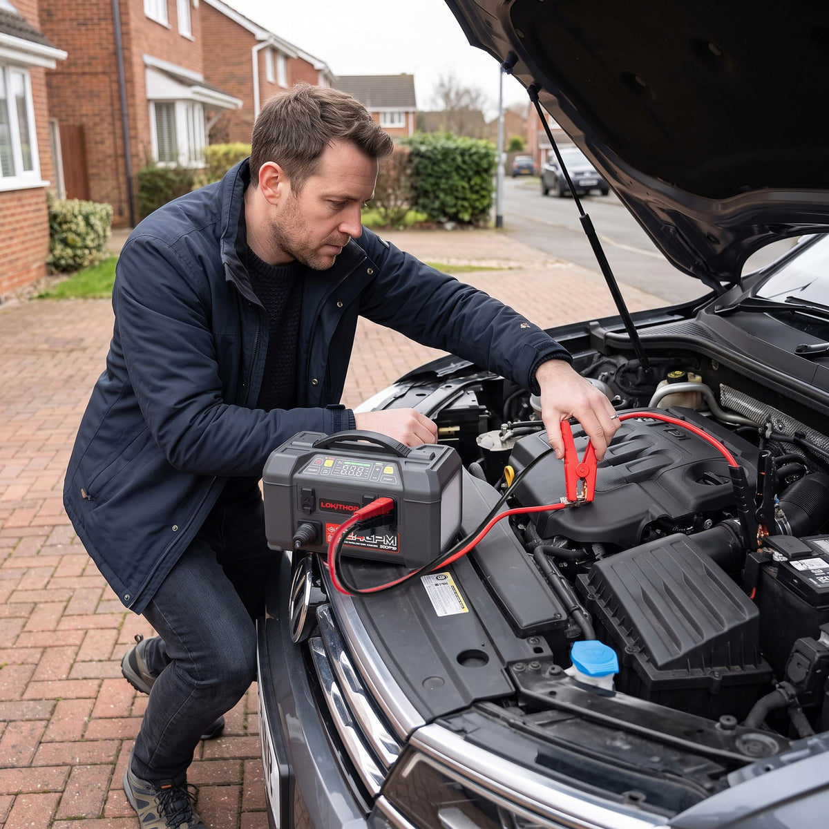 Driver connecting jump starter cables to car battery under bonnet with portable 5-in-1 jump starter resting in engine bay.
