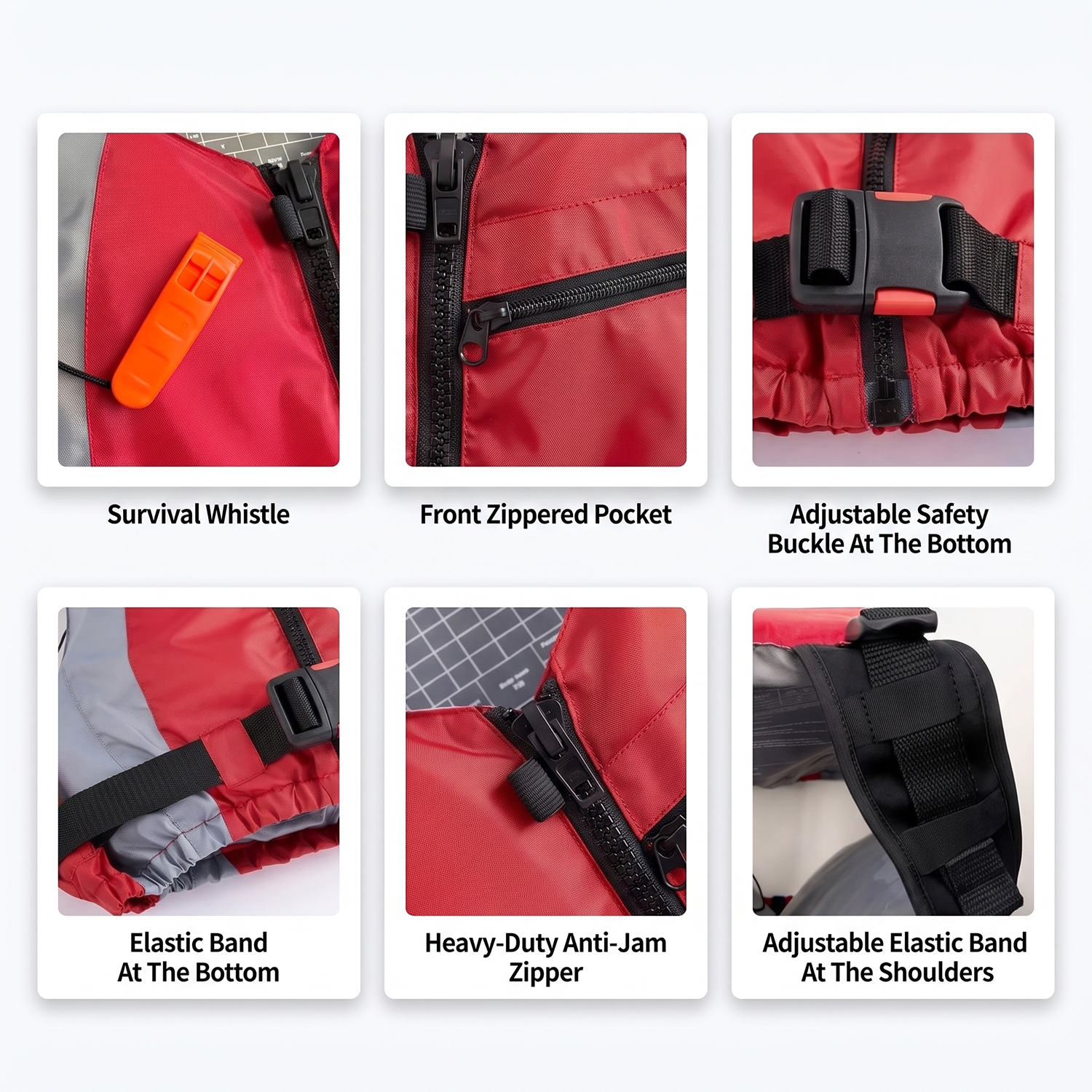 Detailed breakdown of survival whistle, zippered pocket, safety buckle, and adjustable shoulder straps