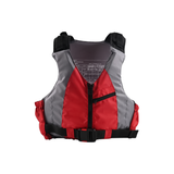 Front view of red watersports life jacket with front zip and bottom buckle fastening