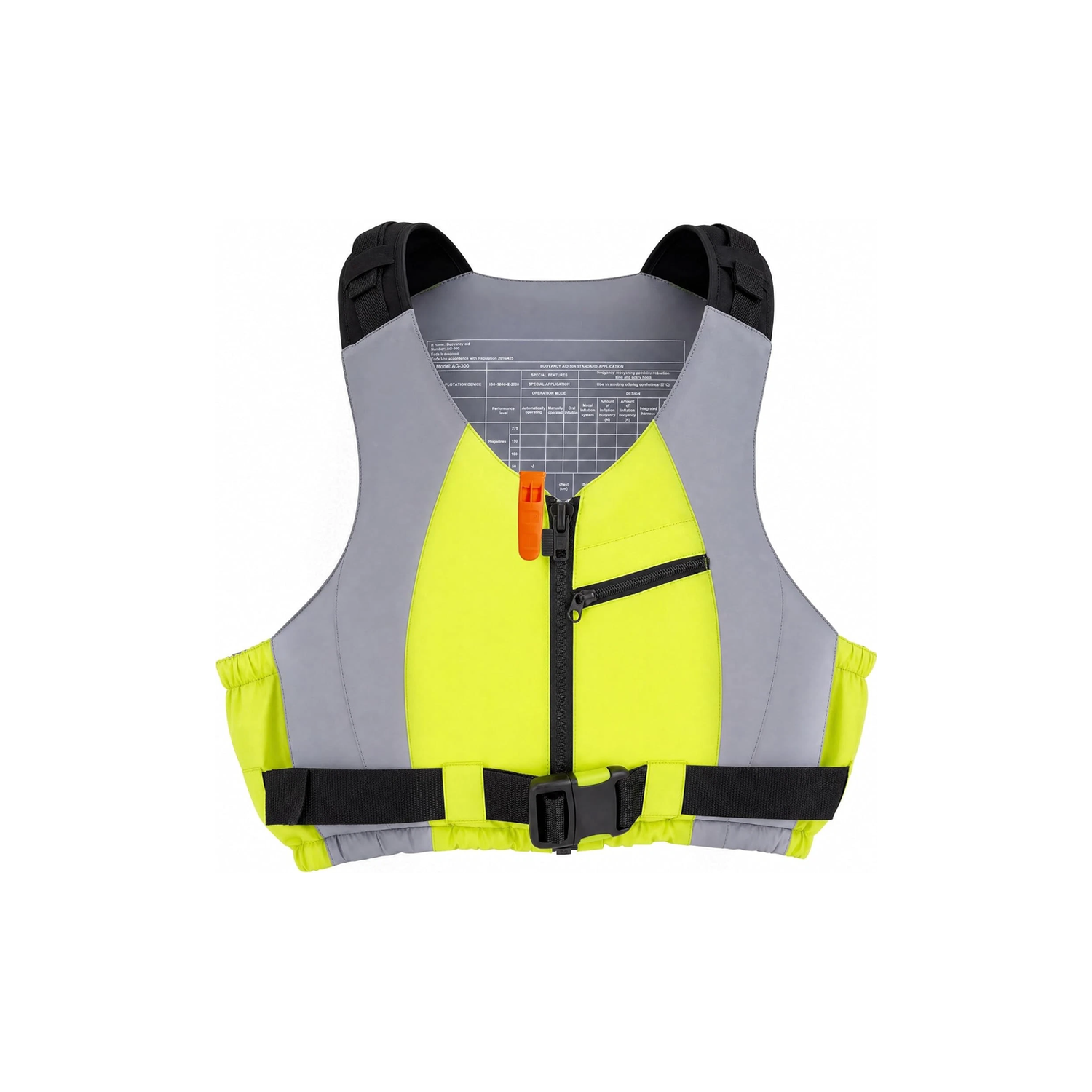High-visibility yellow watersports life jacket with attached safety whistle and chest pocket