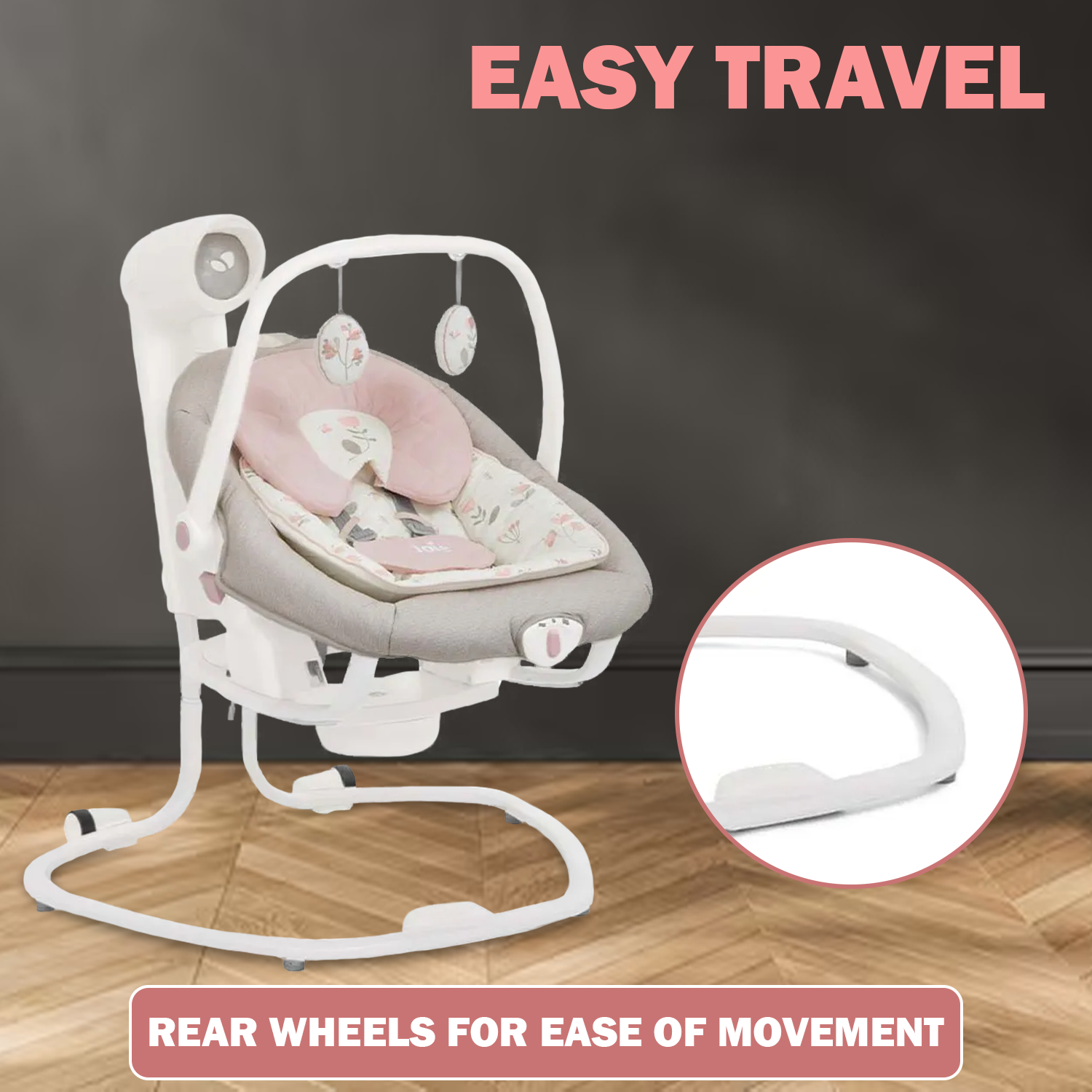 Baby bouncer seat with rear wheels for easy movement