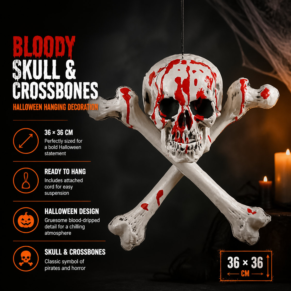 Feature diagram of 36x36 cm bloody skull and crossbones prop showing hanging cord and dimensions. 
