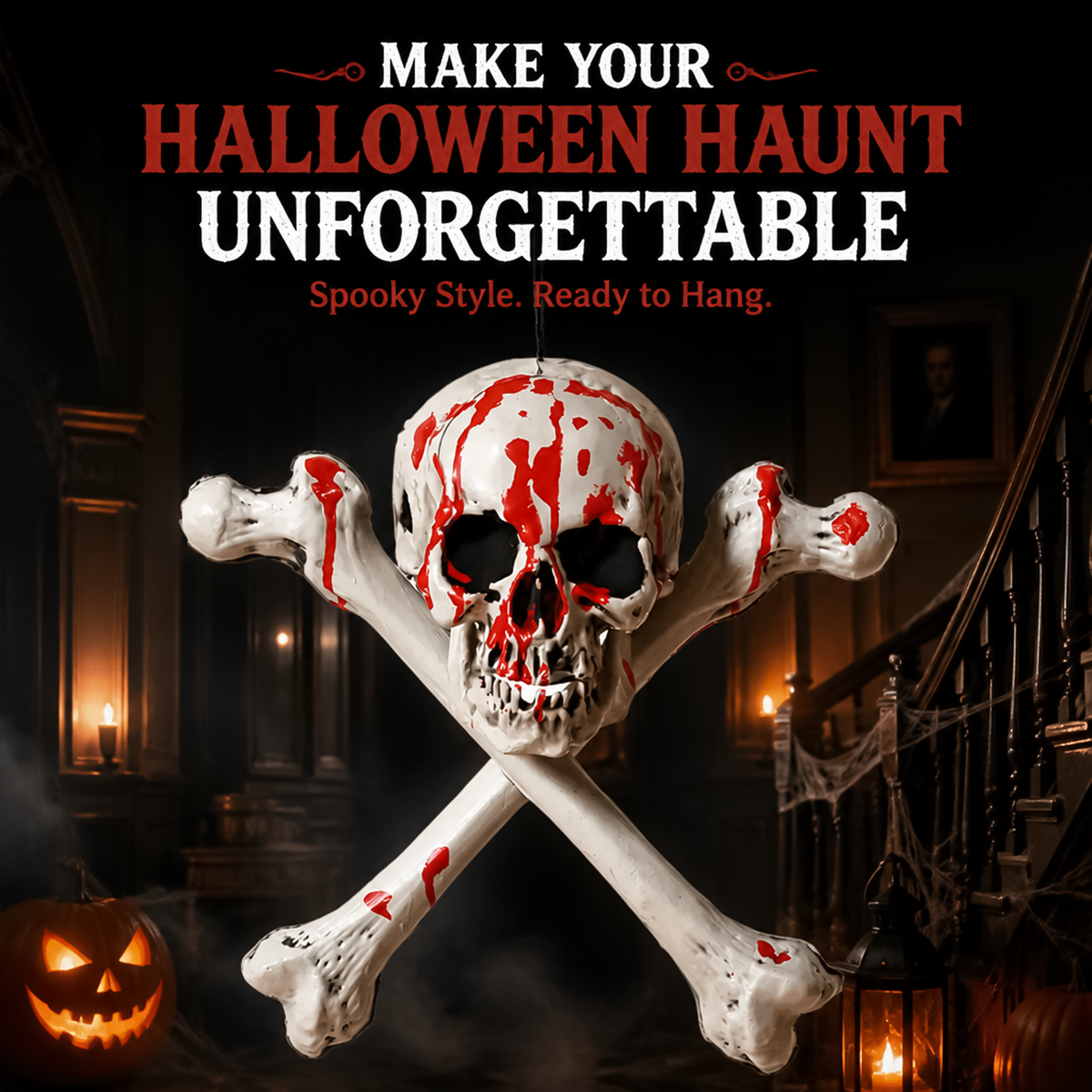 Bloody skull and crossbones hanging decoration displayed above candlelit pumpkins on staircase.