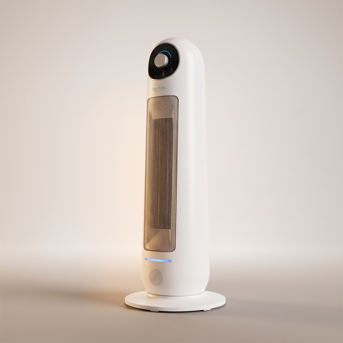 Studio shot of white upright 2200W ceramic tower heater on round base. 