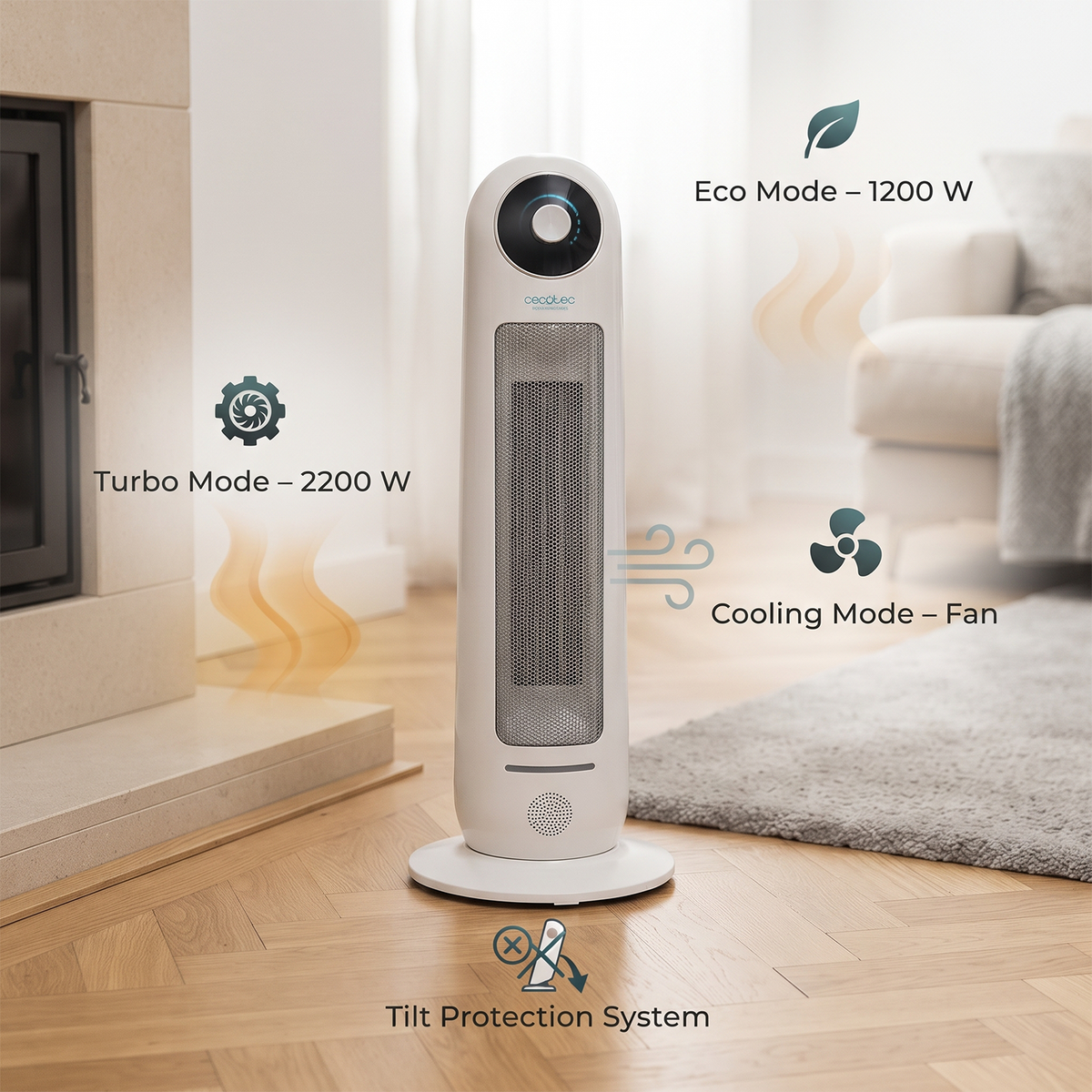 Ceramic tower heater beside fireplace illustrating turbo, eco, a nd cooling fan modes with tilt protection. 