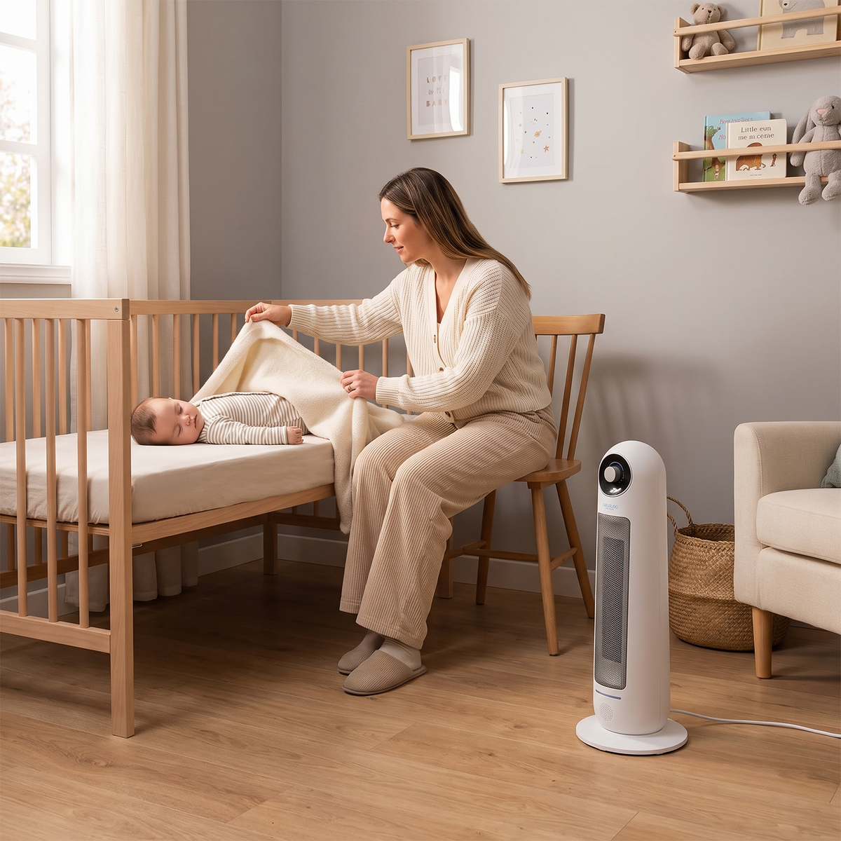 Mother tucking baby into cot with quite ceramic tower heater operating in nursery.