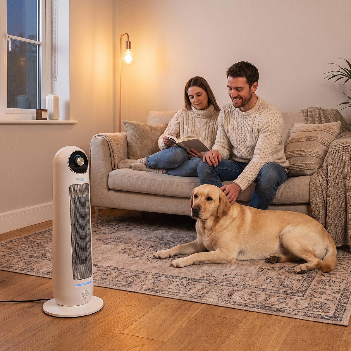 Couple relaxing on sofa with dog beside white oscillating ceramic tower heater in living room. 