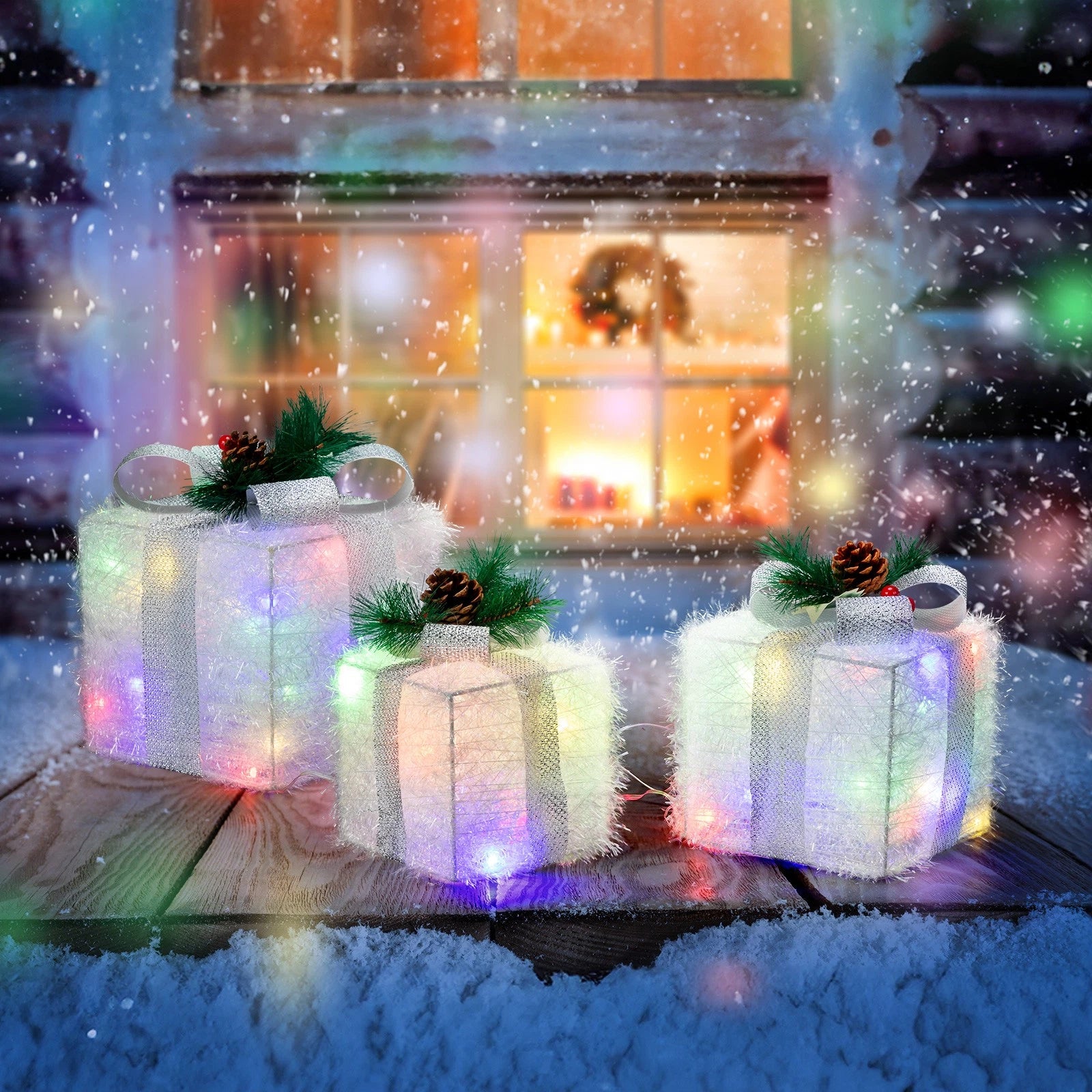 Christmas decorations with LED gift boxes set