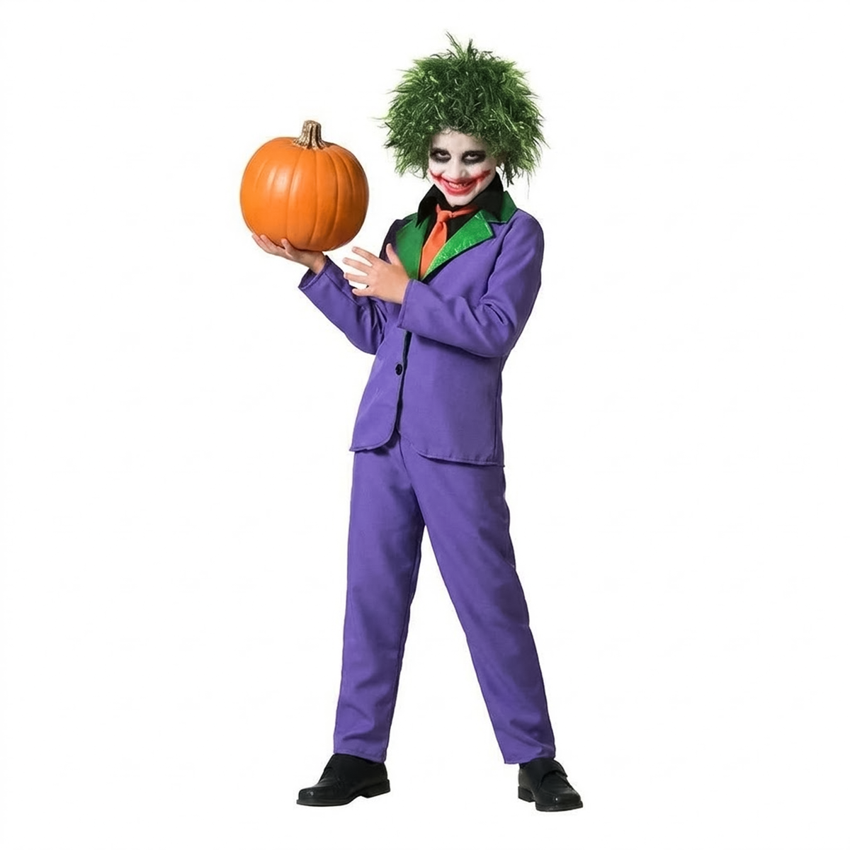 Full length studio view of child wearing purple kids villain costume holding pumpkin. 