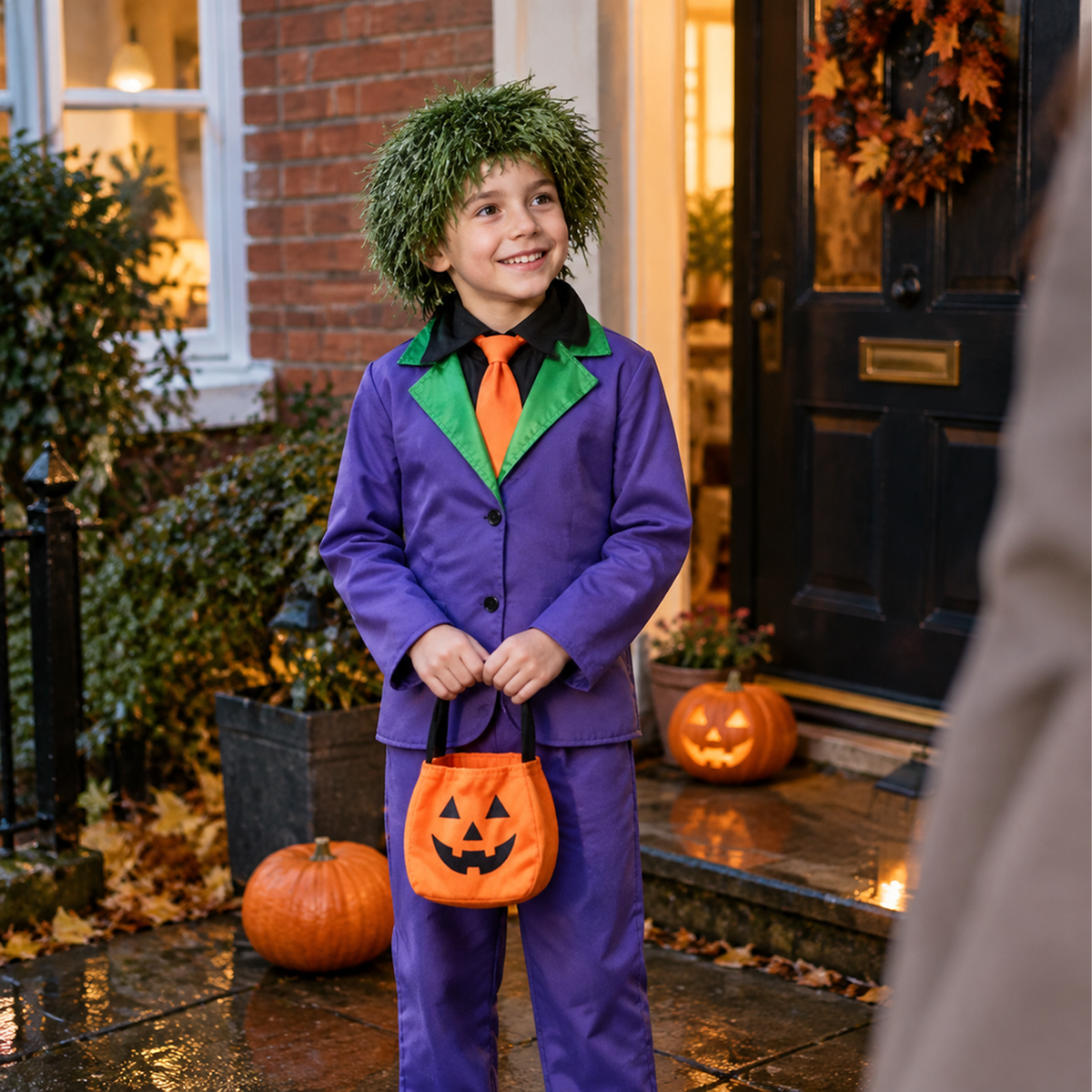 Child in kids villain clown costume holding trick or treat bucket on doorstep.