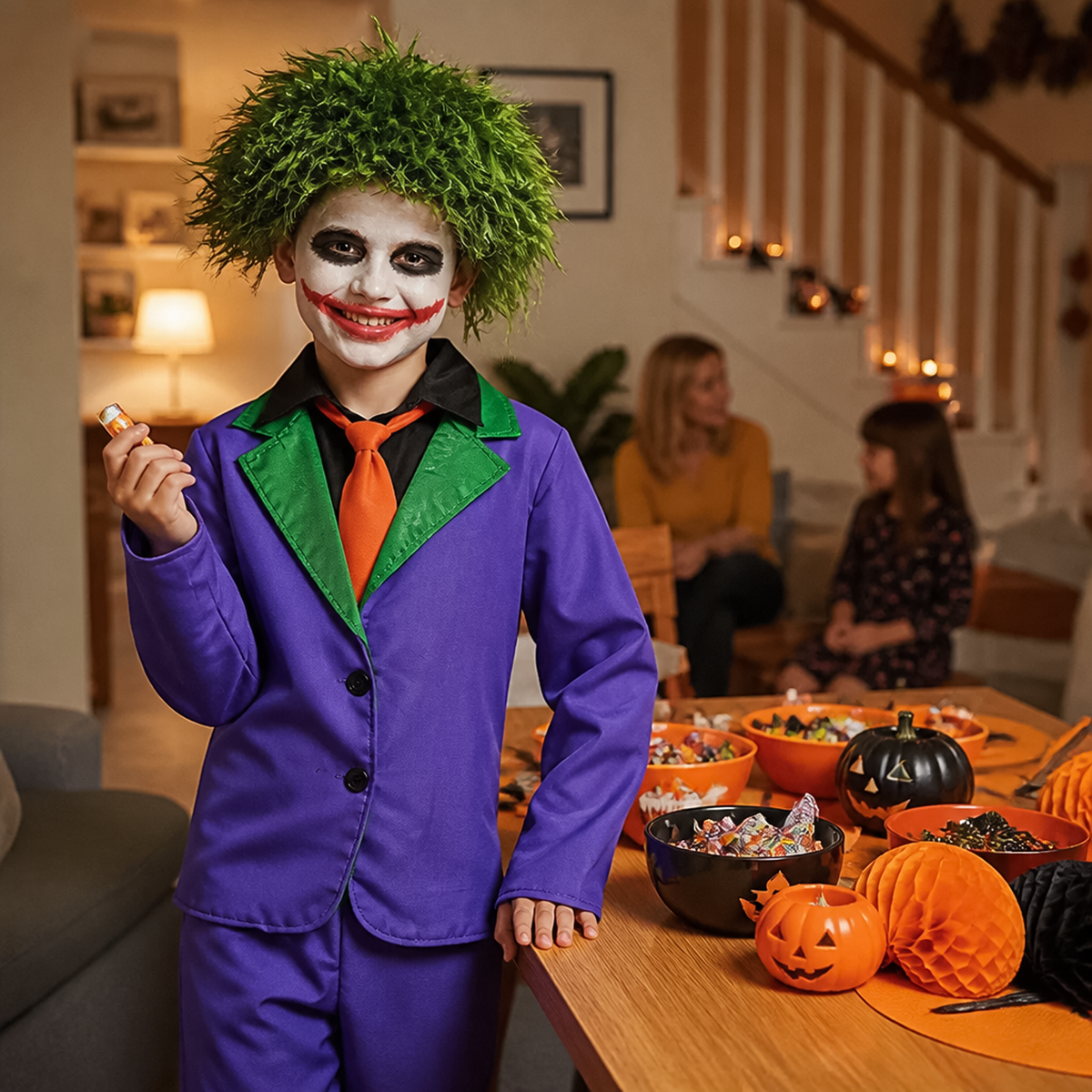 Young boy wearing kids villain clown costume with green wig beside Halloween party table