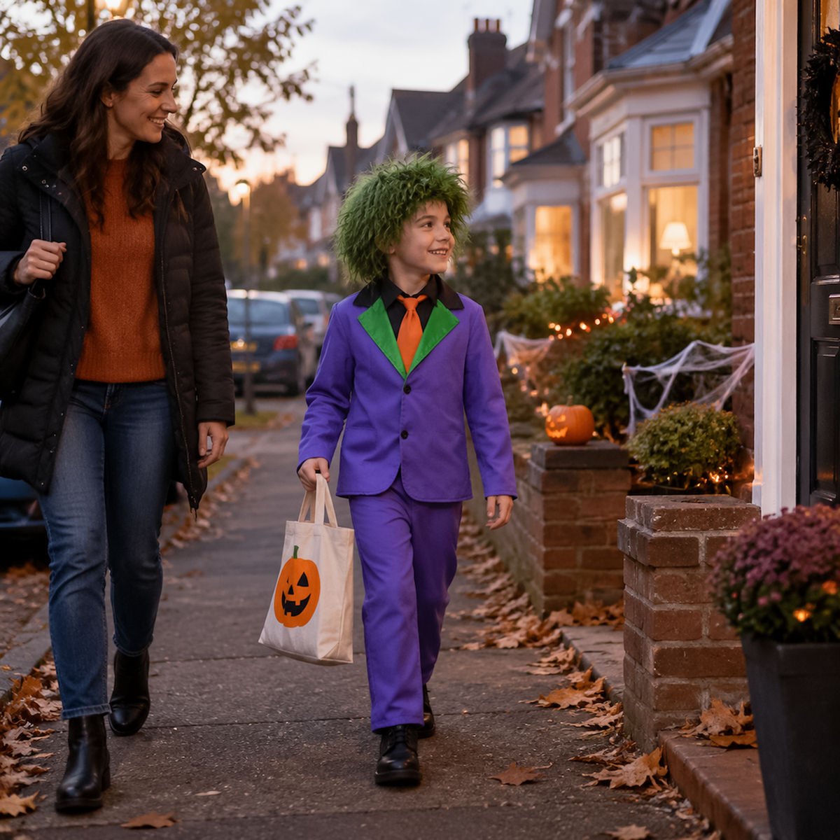 Mother walking with child wearing purple kids villain costume on Halloween street