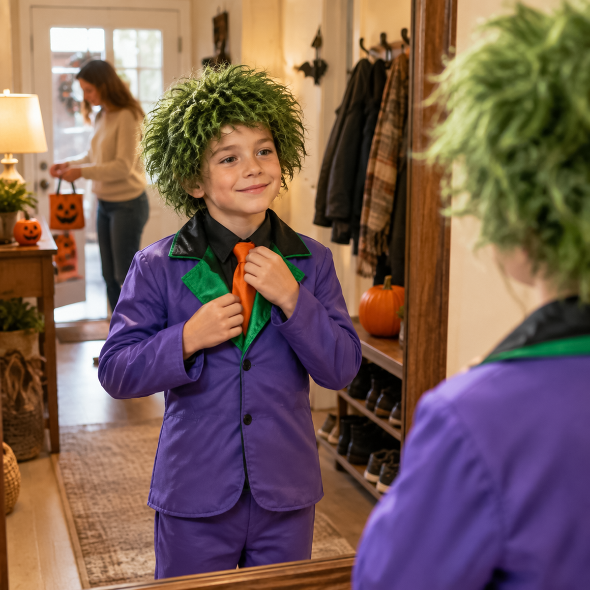 Child adjusting orange tie in mirror wearing purple kids villain clown costume. 