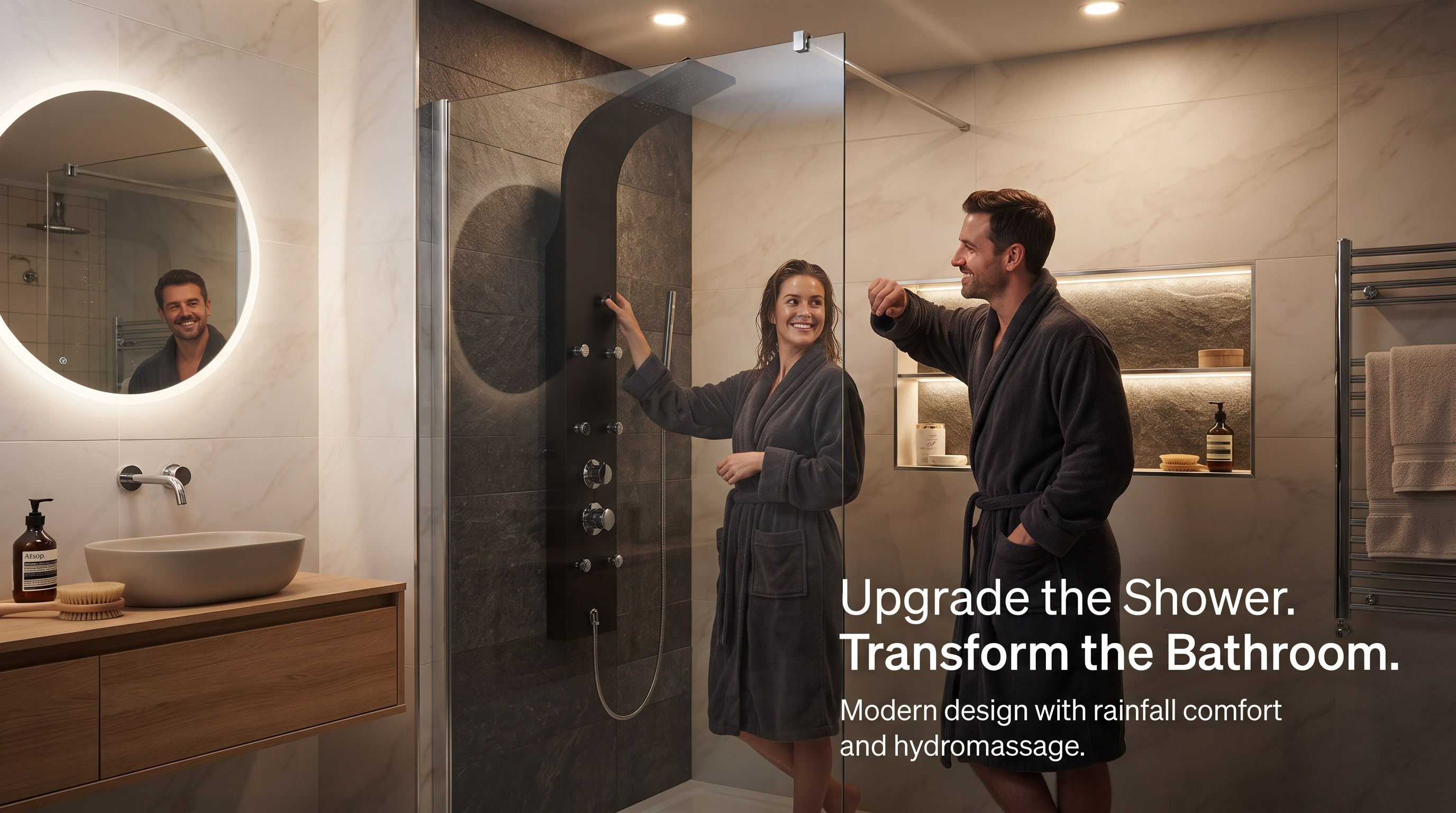 Couple standing beside walk-in glass enclosure with matte black shower column installed