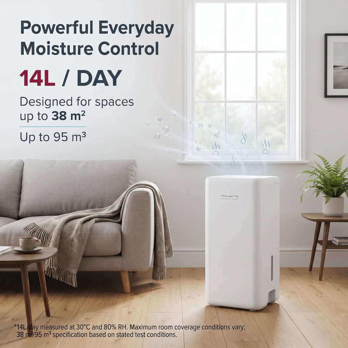 Portable 14L dehumidifier iun modern living rooms up to 38 m².