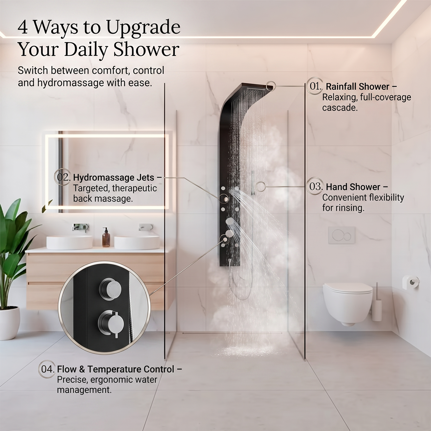 Visual guide demonstrating rainfall shower cascade, hydromassage back jets, hand sprayer, and dial controls