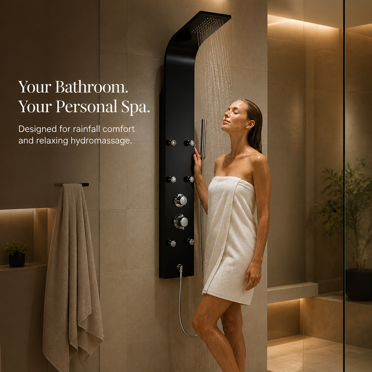 Woman enjoying warm rainfall shower from a matte black shower tower panel in a modern spa bathroom