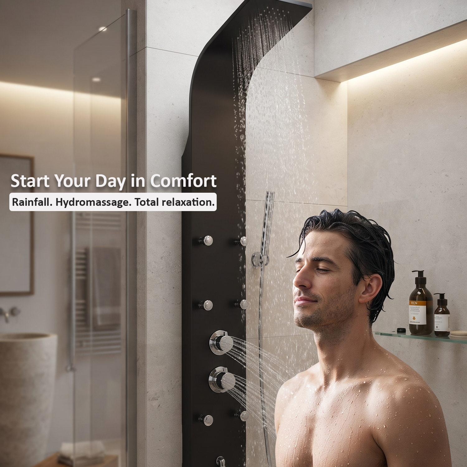Man relaxing under hydromassage body jets in a walk-in shower enclosure