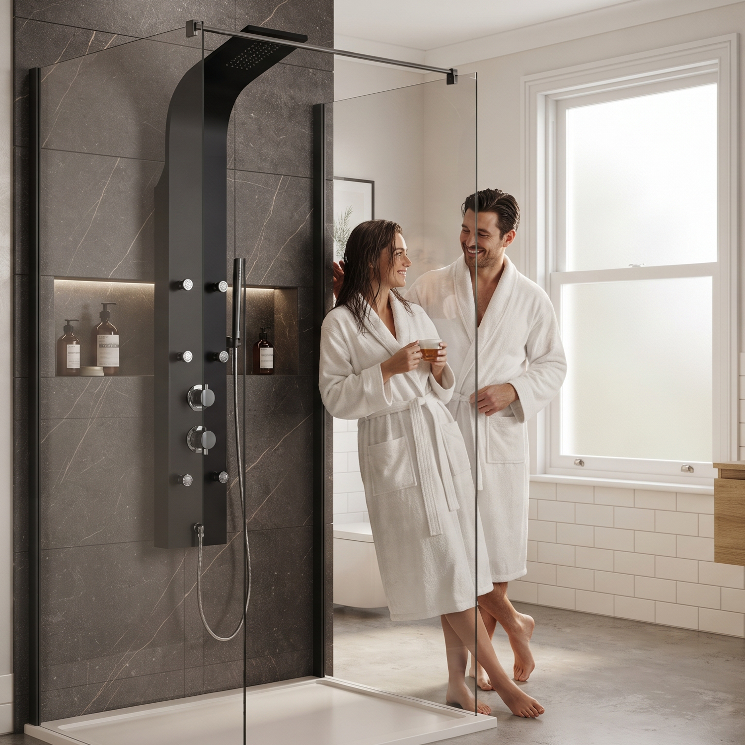 Couple relaxing in modern walk-in bathroom featuring matte black wall-mounted shower panel