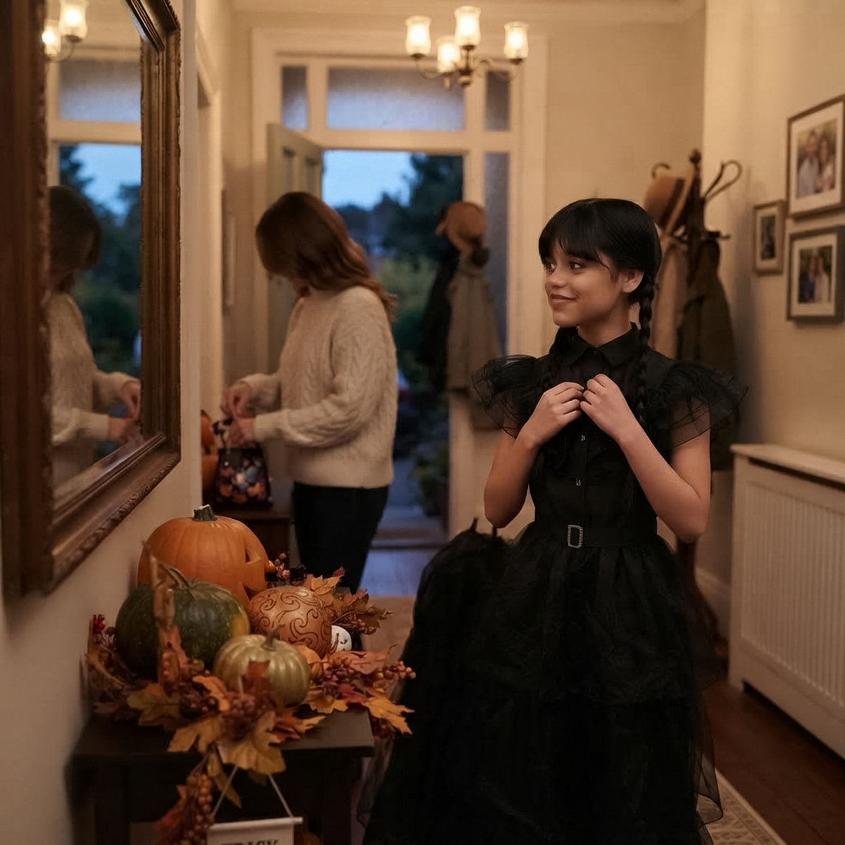 Girl in black girls gothic prom dress adjusting pointed shirt collar in front of mirror. 