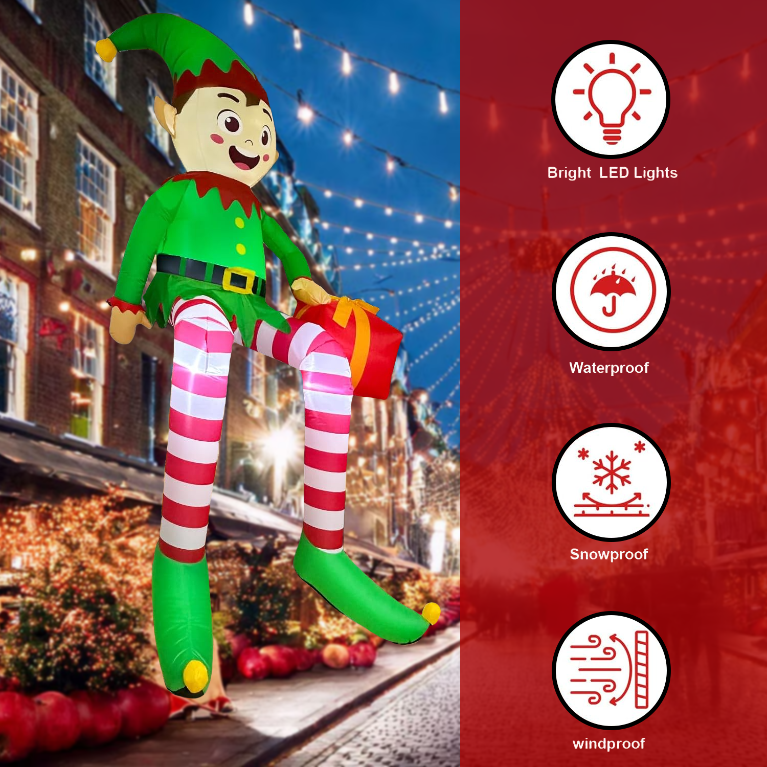 Easy-setup inflatable Christmas elf with LED lights