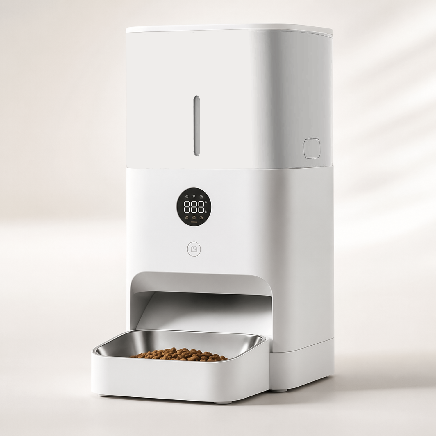 white automatic smart pet feeder with digital LED screen and stainless steel food bowl.