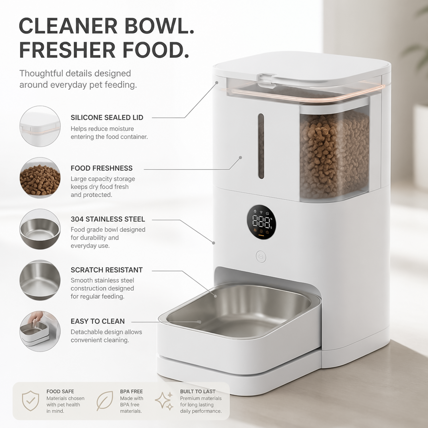 Automatic smart pet feeder showing 304 stainless steel bowl and silicone freshness seal.