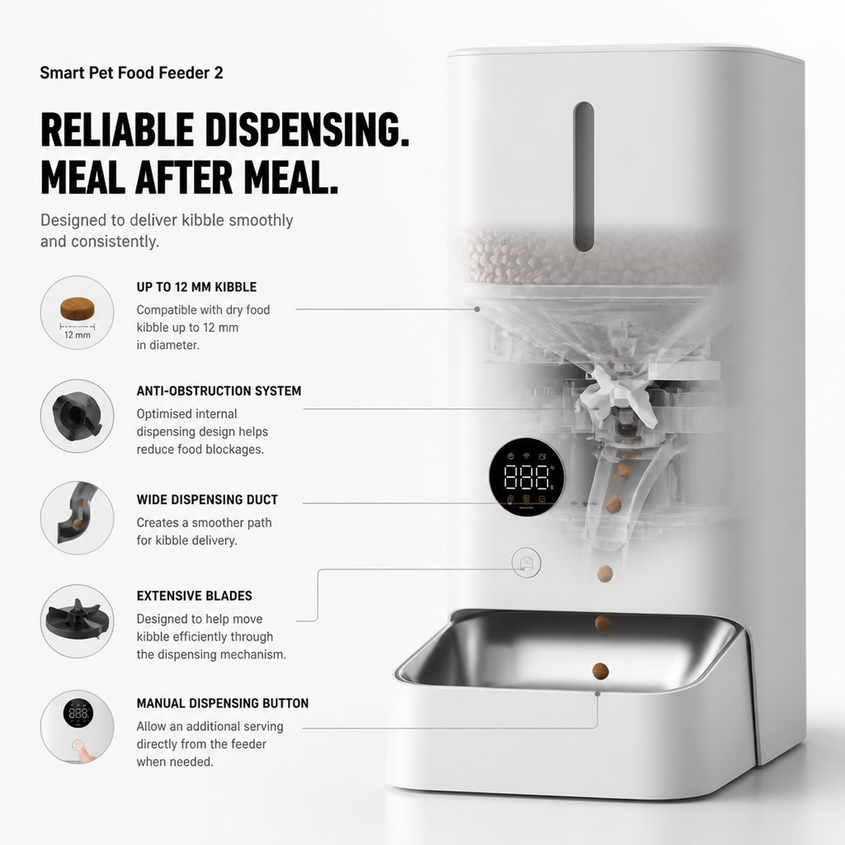 Anti-jamming internal dispensing mechanism of the automatic pet food feeder.