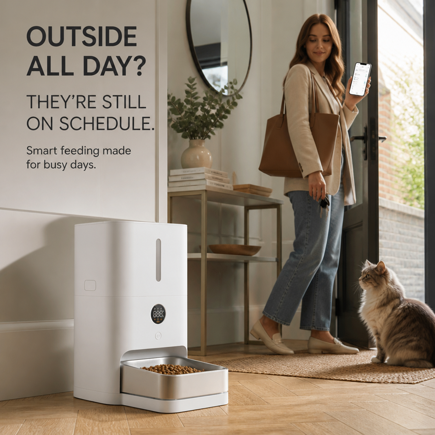 Cat waiting by automatic smart pet feeder as owner checks scheduled meals via phone.