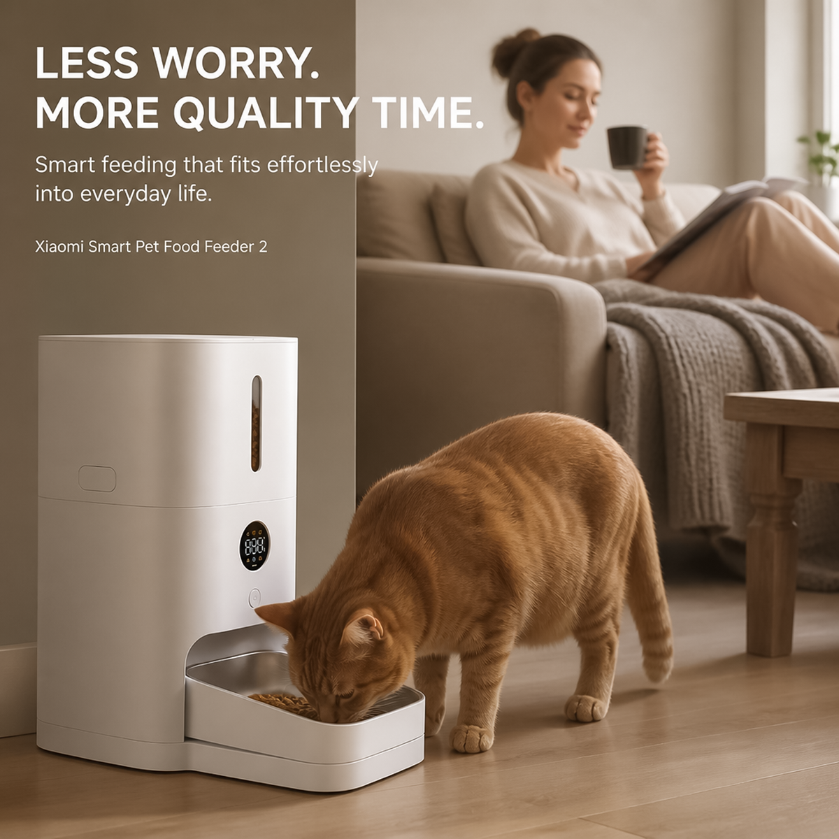 Ginger cat eating calmly from automatic smart pet feeder in living room.