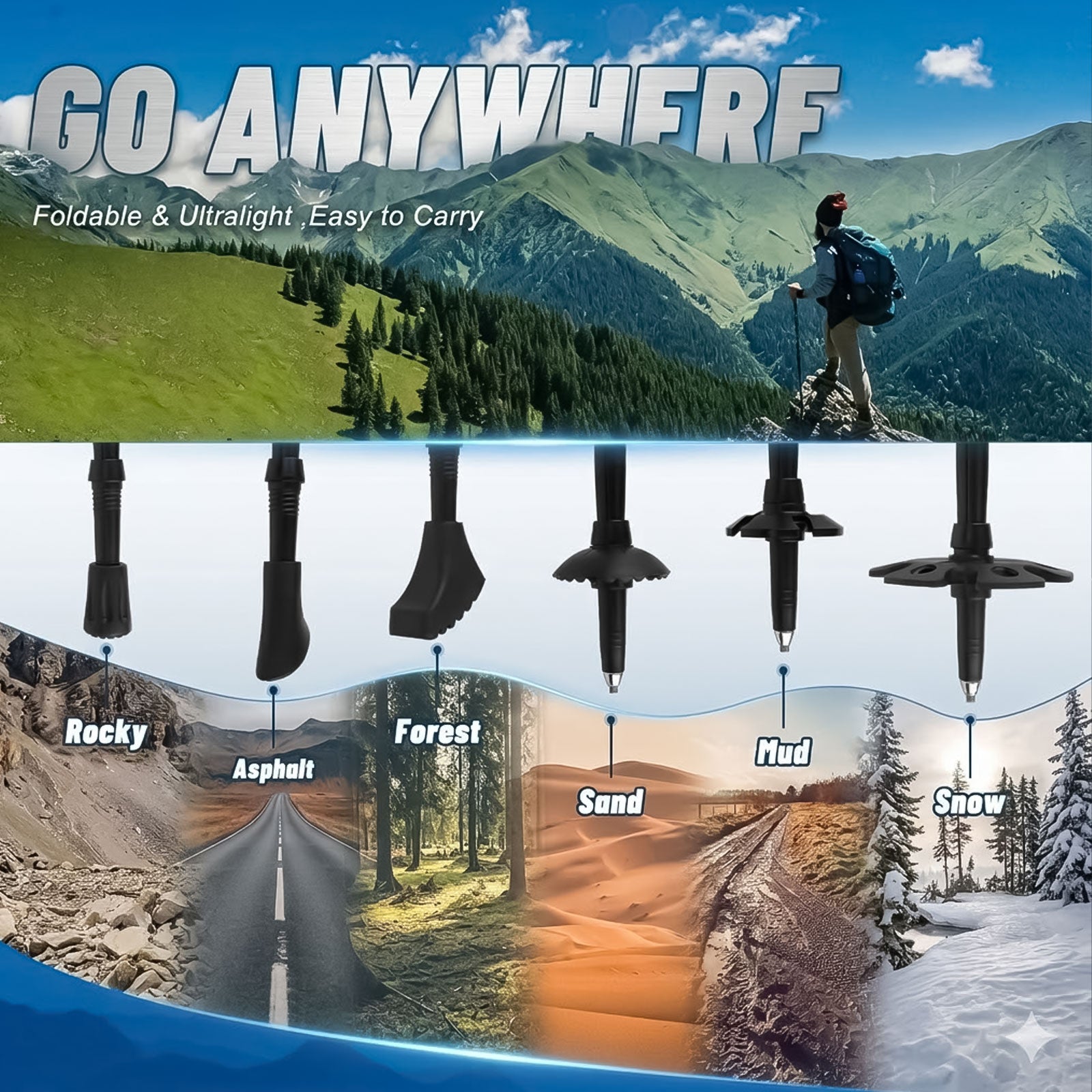 Foldable trekking stick for trail hiking