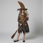 Girls Evil Witch Costume - Brown Patchwork Tunic Dress with Crooked Pointed Hat