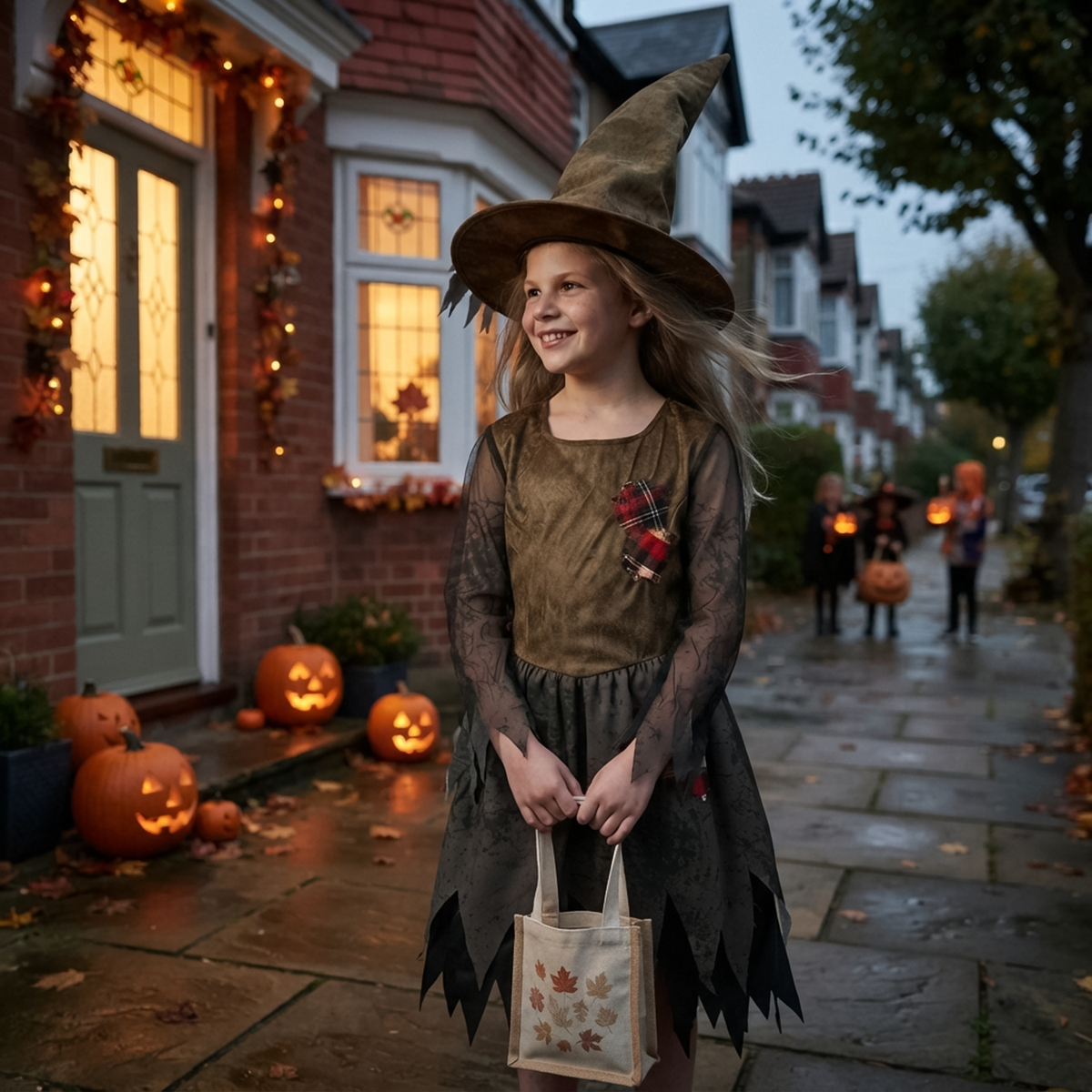 Young girl wearing girls evil witch costume on a decorated Halloween pavement holding treat bag. 