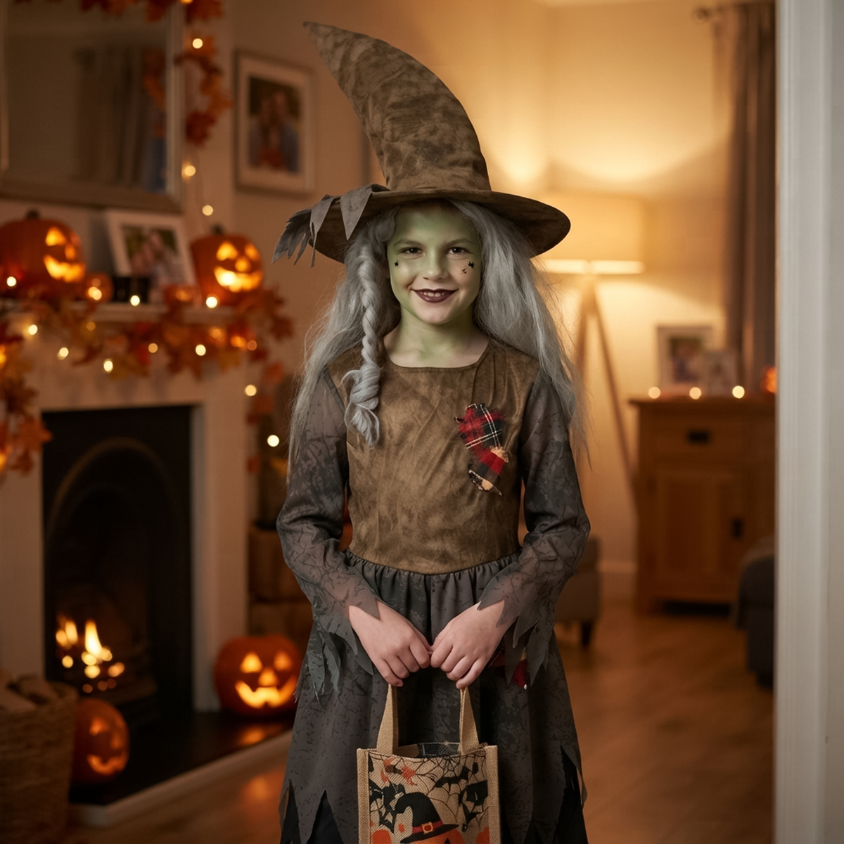 Young girl with green face paint wearing girls evil witch costume beside autumn fireplace. 