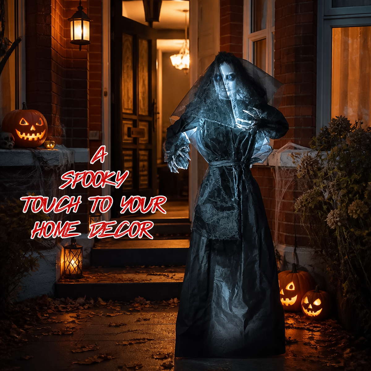 Spooky hanging ghost bride prop with glowing lights on front porch doorstep.