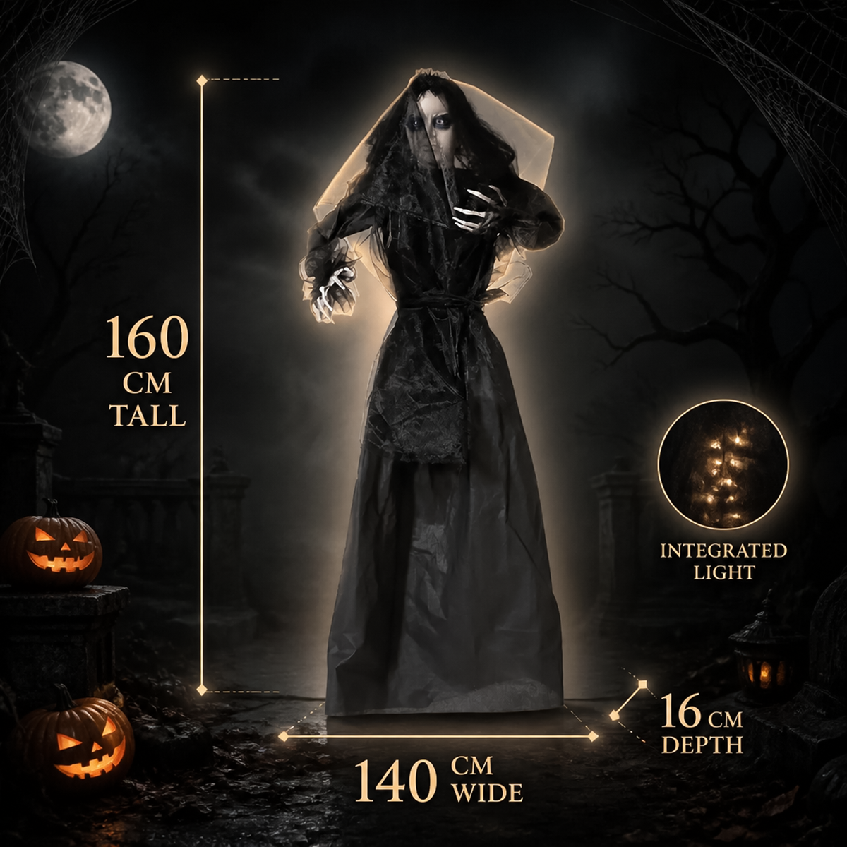 160cm hanging ghost bride halloween decoration showing dimensions and integrated lights.
