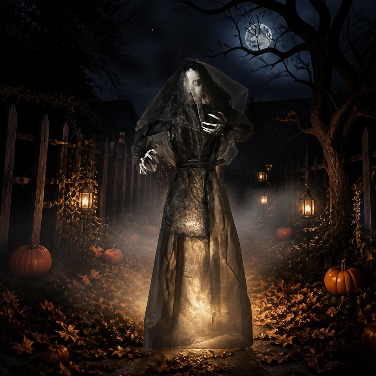 Illuminated hanging ghost bride decoration floating along misty outdoor garden path.