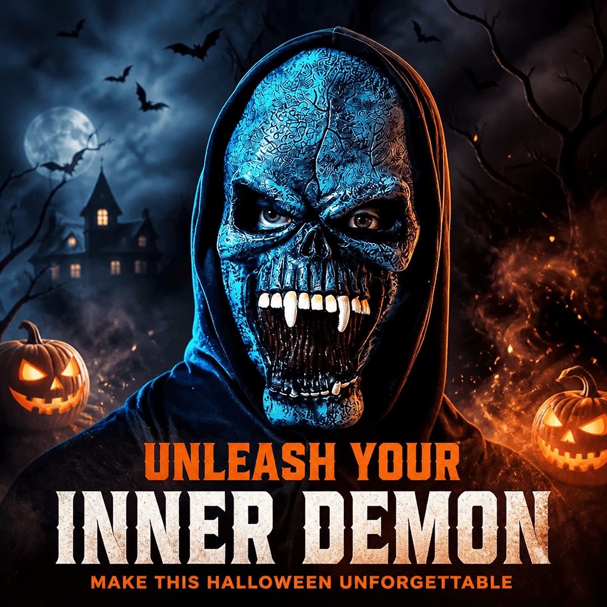 Spooky night graveyard graphic showcasing the Halloween Blue Demon Mask with glowing jack-o'-lanterns.