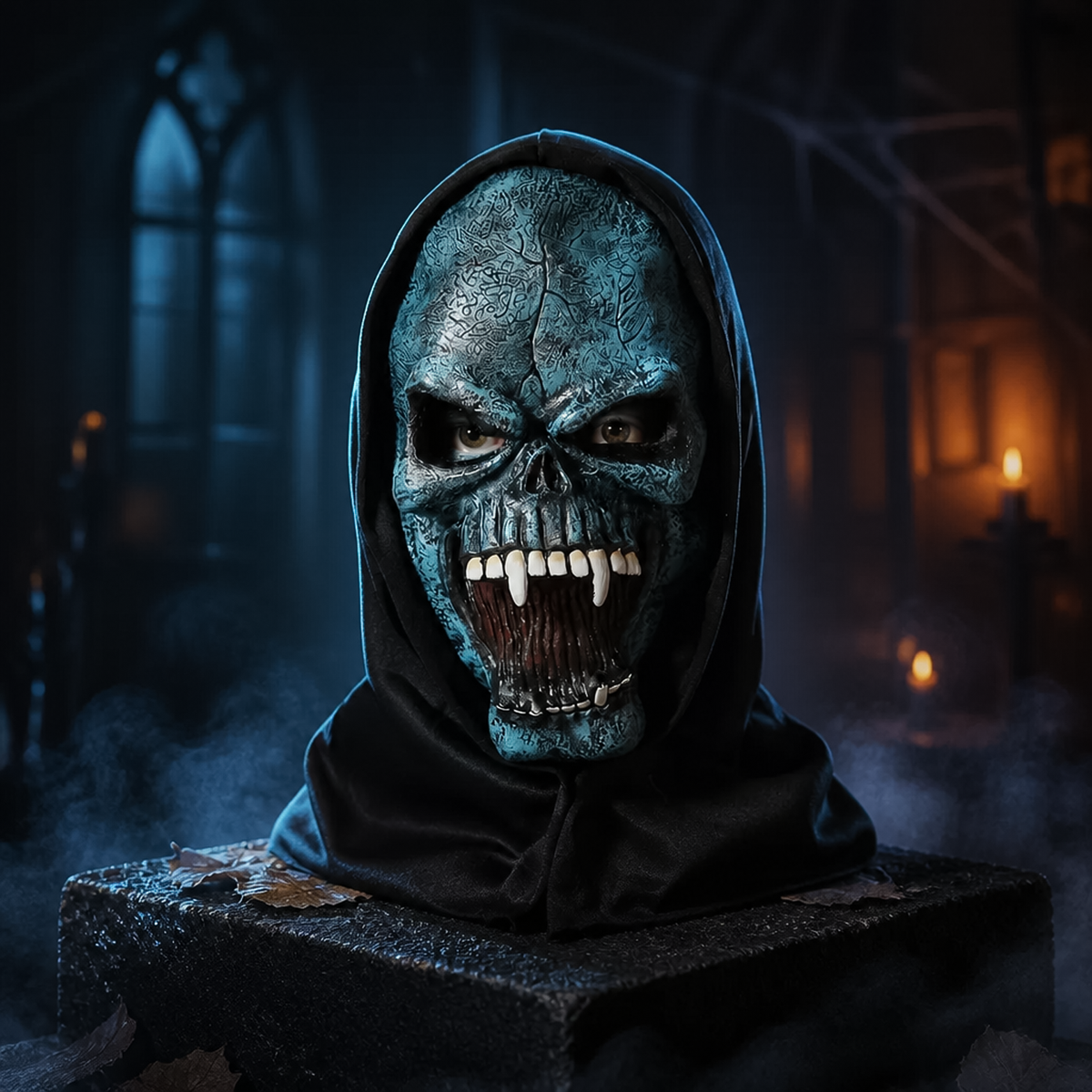 Halloween Blue Demon Mask bust display with textured blue skull skin, fangs and attached black hood cowl.