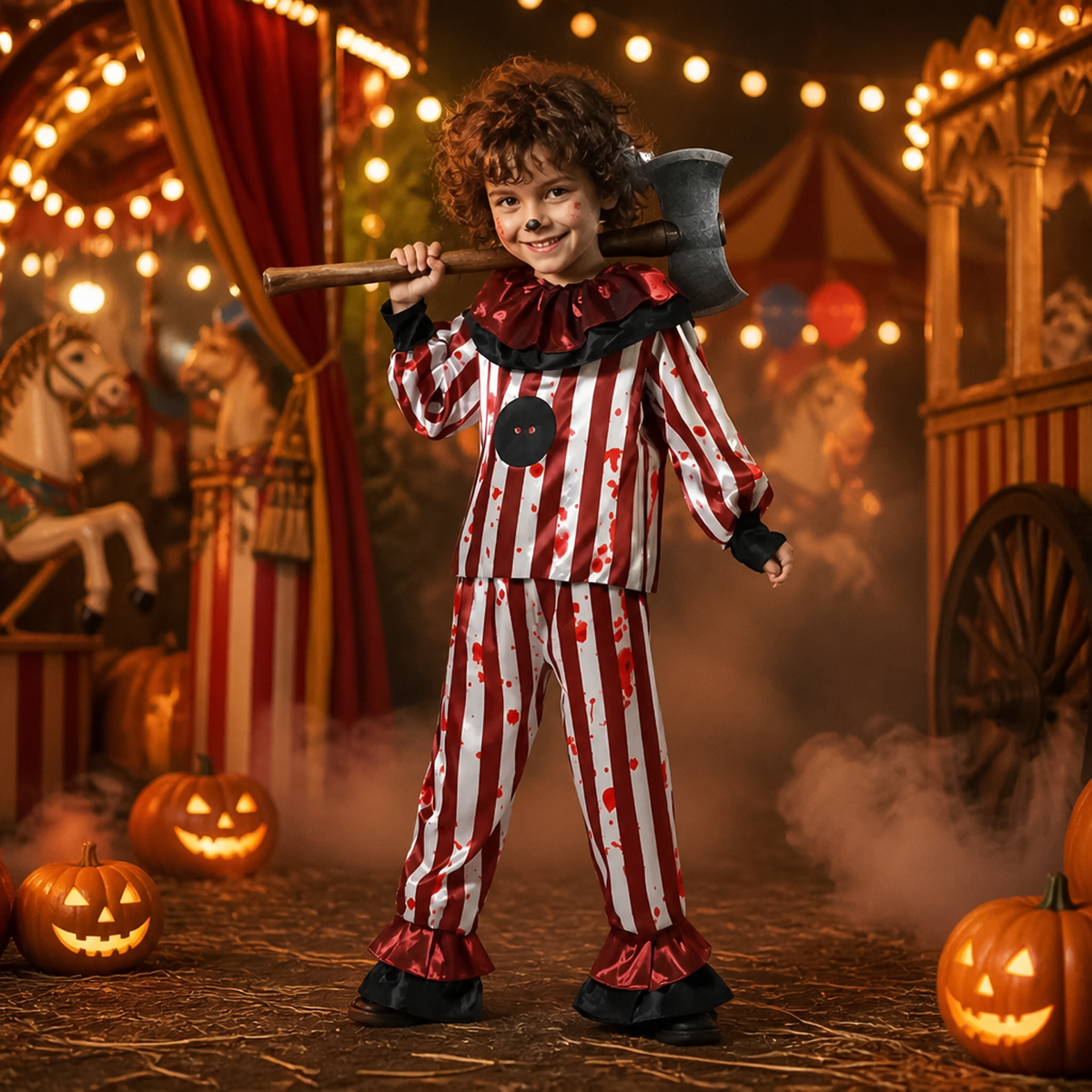 Smiling child wearing striped halloween clown kids costume holding prop axe at carnival.