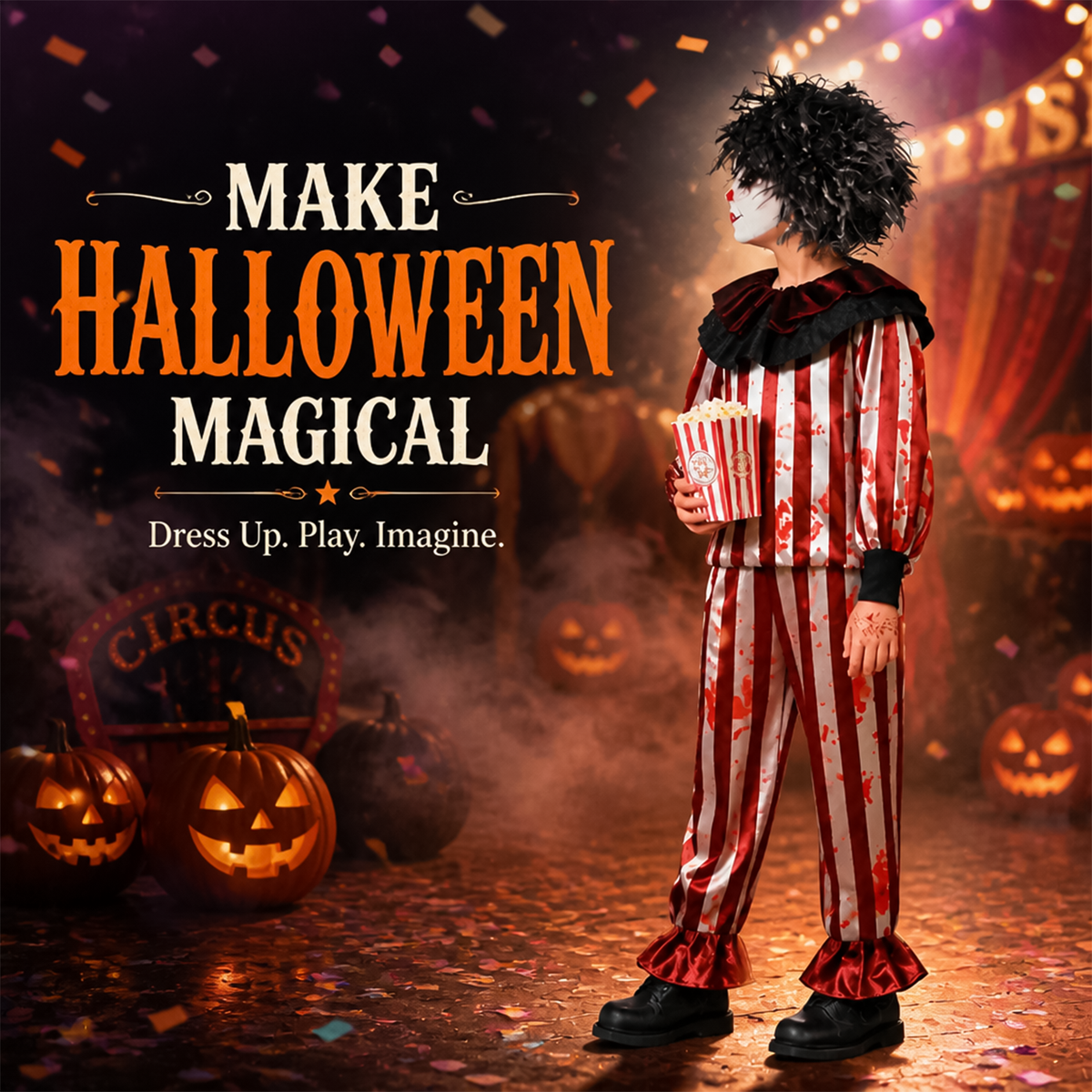 Spooky carnival promotional graphic featuring the halloween clown kids costume beside pumpkin.