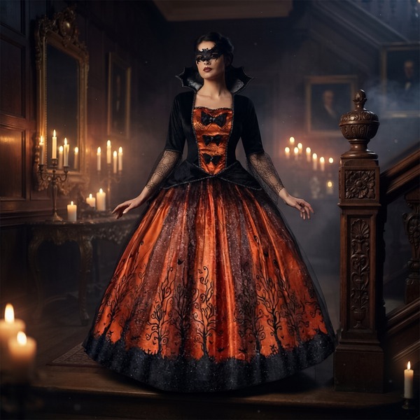 Full-length view of womens halloween queen costume ball gown in candlelit gothic hallway.