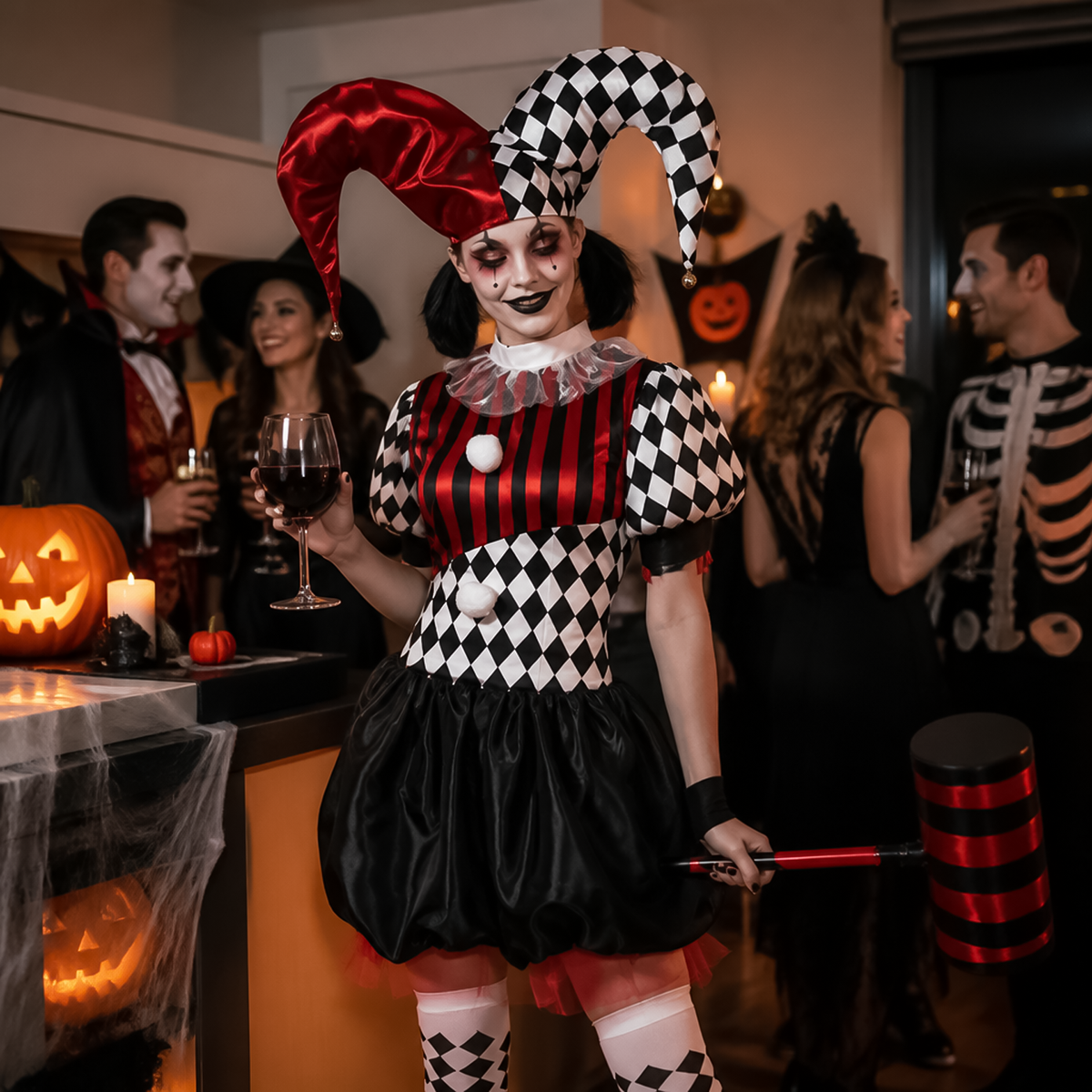 Close  up of women's harleyquin jester costume holding party glass at Halloween event. 