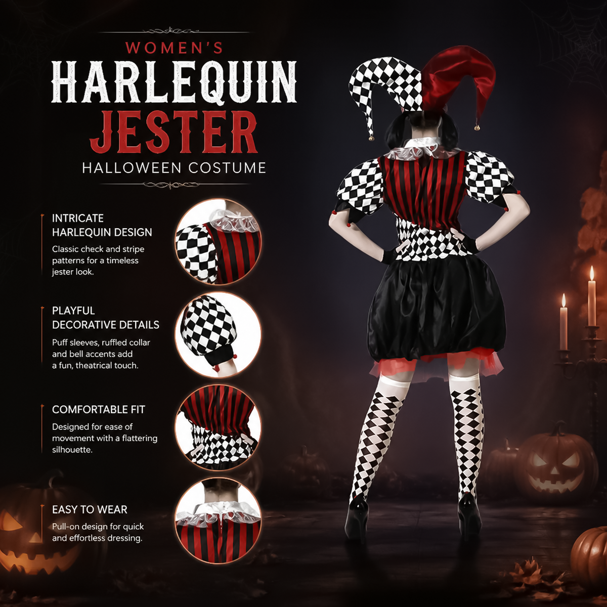 Feature diagram of womens harlequin jester costume highlighting puff sleeves, ruffled collar and elastic wasitband.