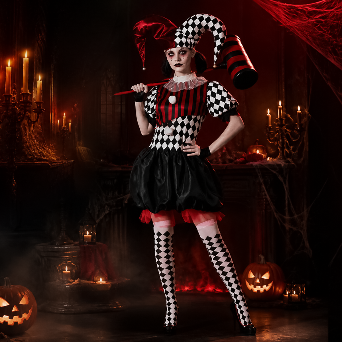 Full length view of women's harlequin jester costume featuring puff sleeves, ruffled collar and oversized mallet prop.